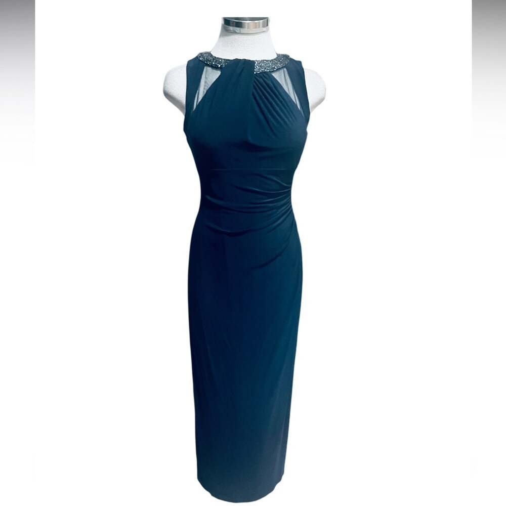Ralph Lauren Navy Beaded Mesh Elegant Gown Long Dress Blue Size 4